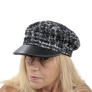 Juicy Couture Newsboy Cabbie Hat‎ Faux Leather Brim Blue Black Metallic Tweed